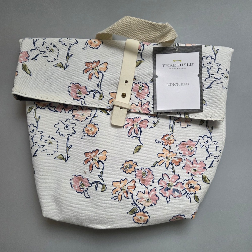 Threshold Floral Canvas Lunch Bag Insulated Cream Pink Orange NWT